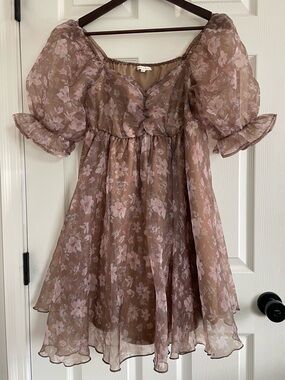 Brown Floral Puff Sleeve Mini Dress Women’s Medium Cottagecore Boho Prairie